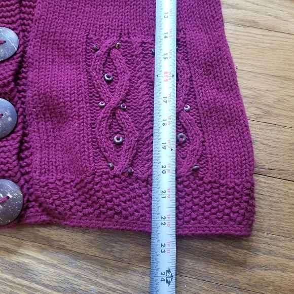 Pure Handknit Big Button M/L Bead Vneck Dark Fuscia Cotton Knit Cardigan Sweater - Picture 11 of 11
